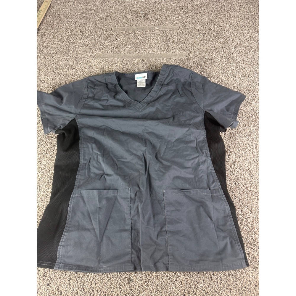 Scrubstar Womens XL Grey V-Neck Scrub Top Black Ribbed Side Panels RN 93643